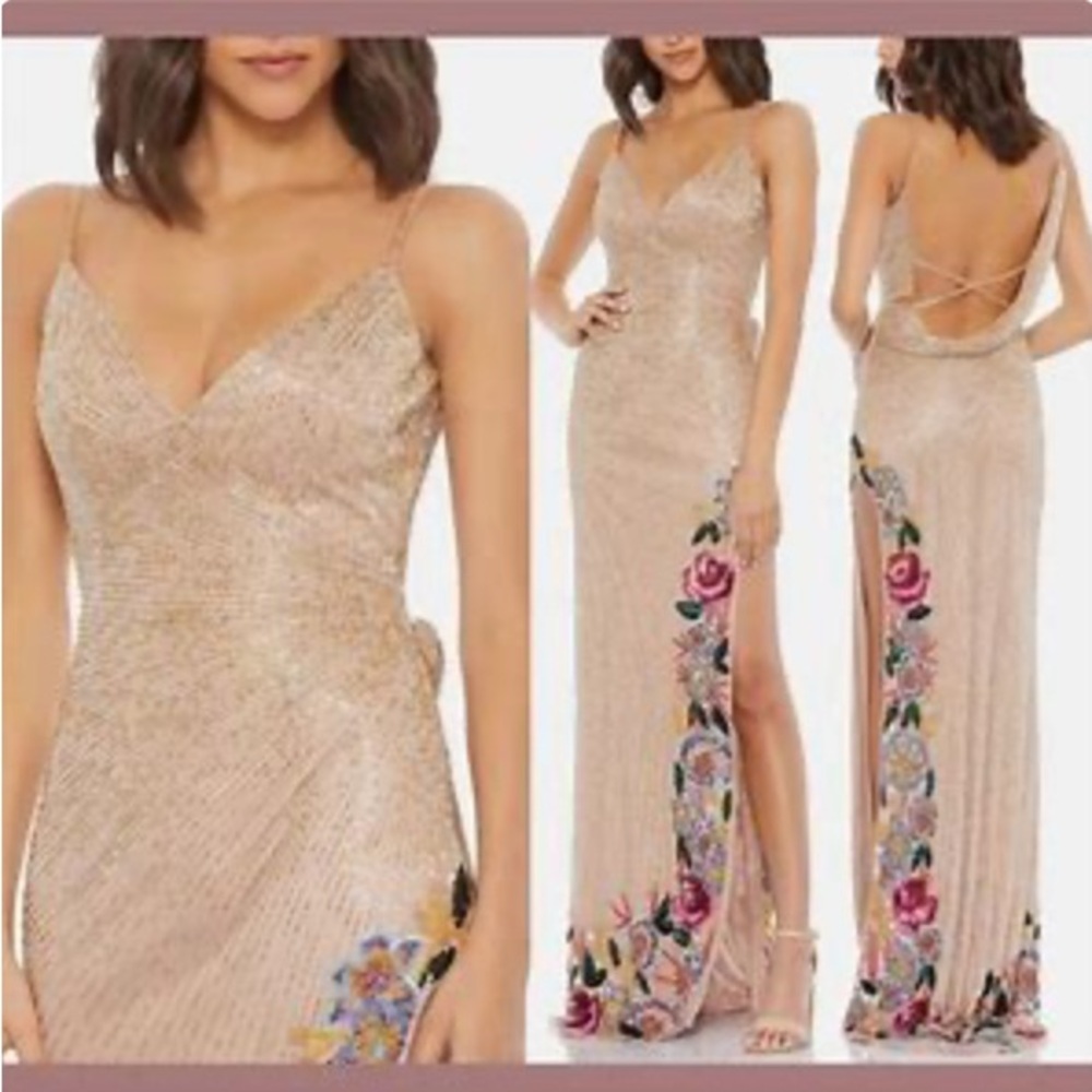 Elegant Beige Evening Gown with Floral Embroidery